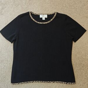 Y2K Cheetah Trim‎ Black Tee Leopard Print Womens Large VTG Ribbed Cotton Blend